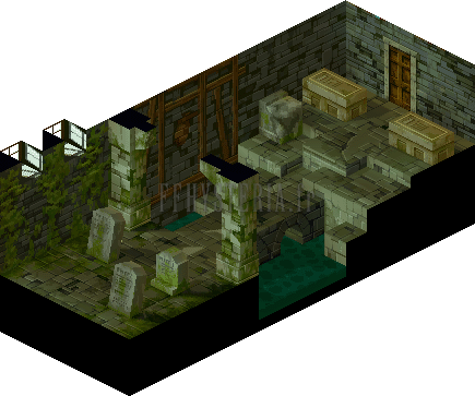 Version PlayStation : le cimetière souterrain de Limberry, crypte de pierre verte, tombes et colonnes