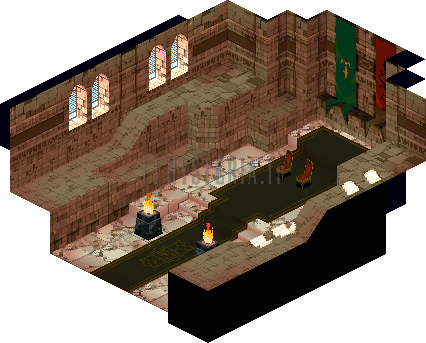 Version PlayStation : le donjon de Limberry, longue salle aux murs rouges, fenêtres et braseros