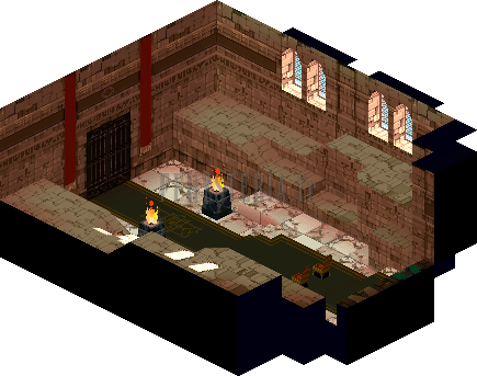 Version PlayStation : le donjon de Limberry, grande salle aux fenêtres en arc et braseros