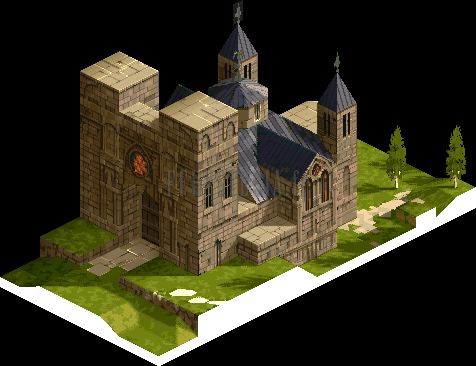 Version PlayStation : la Cathédrale sainte de Mullonde, tours de pierre claire et toits d'ardoise sur une pelouse