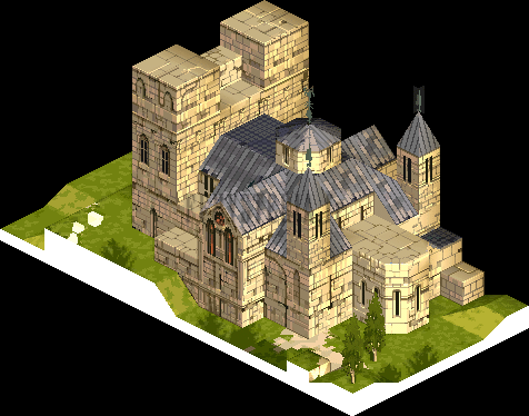 Version PlayStation : la cathédrale vue de côté, tours et toits d'ardoise