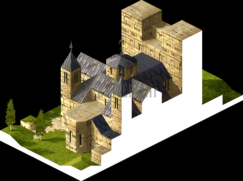 Version PlayStation : la cathédrale vue de l'arrière, tours et toitures