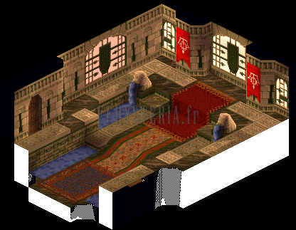Version PlayStation : la nef de Mullonde, tapis rouge, canaux bleus et bannières