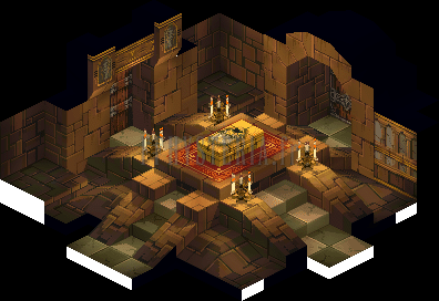 Version PlayStation : le sanctuaire de Mullonde, sarcophage doré sur un tapis rouge, chandeliers
