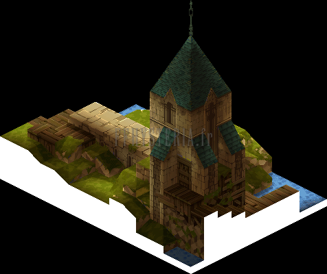 La tour du monastère et, devant elle, la cour où se livre le premier combat (rendu des versions PlayStation)