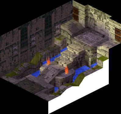 Version PlayStation : la salle du donjon de Riofanès, dalles grises, canaux d'eau et braseros