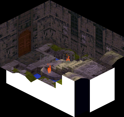 Version PlayStation : autre vue de la salle du donjon, haute porte de bois au fond