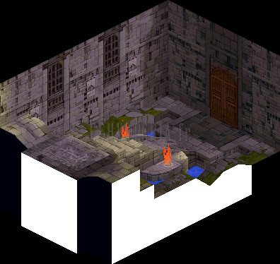 Version PlayStation : la même salle sous un autre angle, porte de bois et braseros