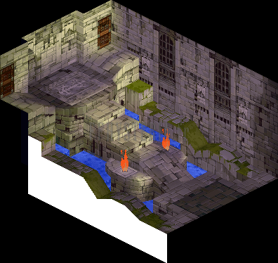 Version PlayStation : le donjon de Riofanès sous un dernier angle, canaux d'eau et braseros