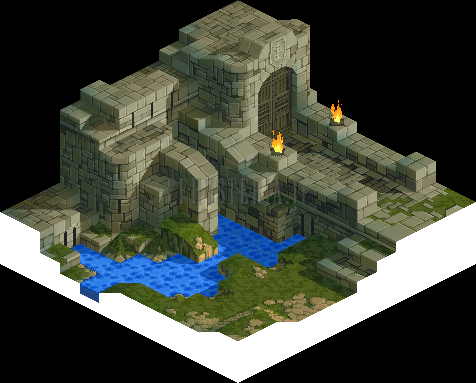 Version PlayStation : les portes de Riofanès, murailles grises, eau des douves et torches