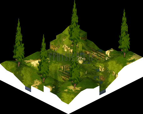 Plan de la Futaie de Suigy : sapins, ruisseau et tronc couché (rendu des versions PlayStation)