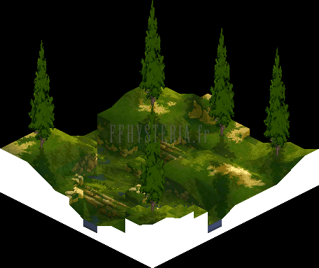 La Futaie de Suigy, troisième vue : sapins et butte centrale (rendu des versions PlayStation)
