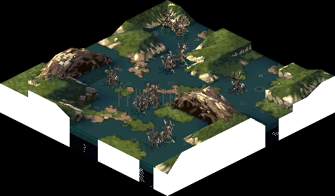Plan de la Palud de Tsigolith : îlots de terre au milieu des eaux (rendu des versions PlayStation)