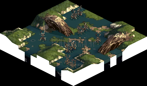 La Palud de Tsigolith, troisième vue : troncs couchés et eaux empoisonnées (rendu des versions PlayStation)