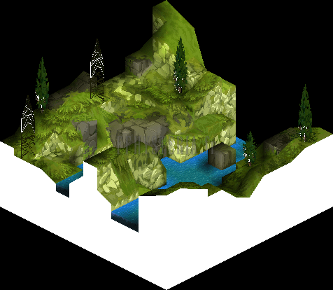 Plan du Vallon de Varius : rivière encaissée entre deux rives boisées (rendu des versions PlayStation)