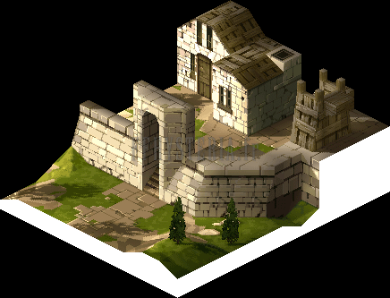 Version PlayStation : le rempart de Yardow, sa porte et une maison de pierre en surplomb