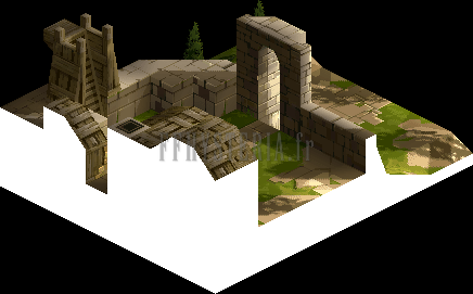 Version PlayStation : le champ de bataille de Yardow sous un quatrième angle, murs écroulés et arche de pierre