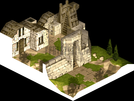 Version PlayStation : Yardow vu de l'autre côté, maison de pierre blanche et escaliers