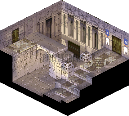 Version PlayStation : le donjon d'Yguros, salle de pierre mauve, balcon et escaliers
