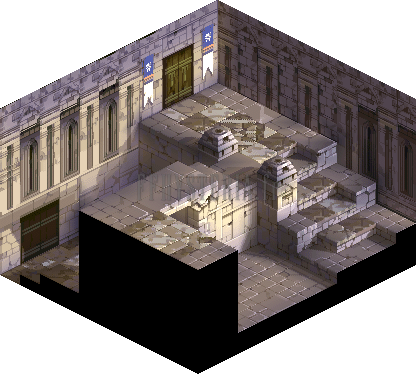 Version PlayStation : le donjon d'Yguros vu d'un autre angle, balcon et escaliers de pierre claire