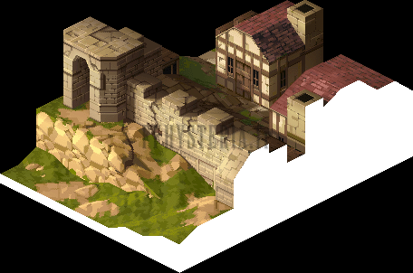 Plan de la Citadelle de Zalanda : porte fortifiée, remparts et maisons (rendu des versions PlayStation)