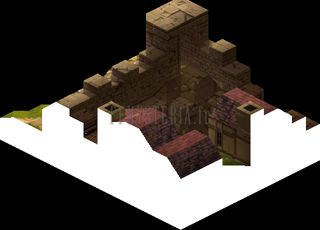 Zalanda vue d'un troisième angle : rempart et toits rouges (rendu des versions PlayStation)