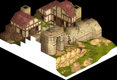 Zalanda sous un quatrième angle : maisons à colombages et muraille (rendu des versions PlayStation)