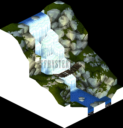 Plan des Chutes de Zeireh-Kireh : la cascade et son pont de bois (rendu des versions PlayStation)