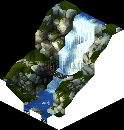 Les Chutes de Zeireh-Kireh sous un autre angle : la cascade, le pont et la rivière (rendu des versions PlayStation)