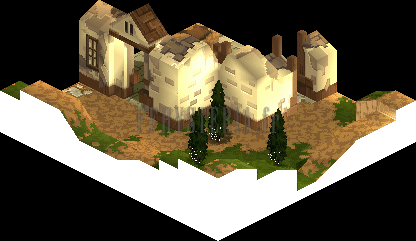 Le fortin sous un troisième angle : façades effondrées et sapins (rendu des versions PlayStation)