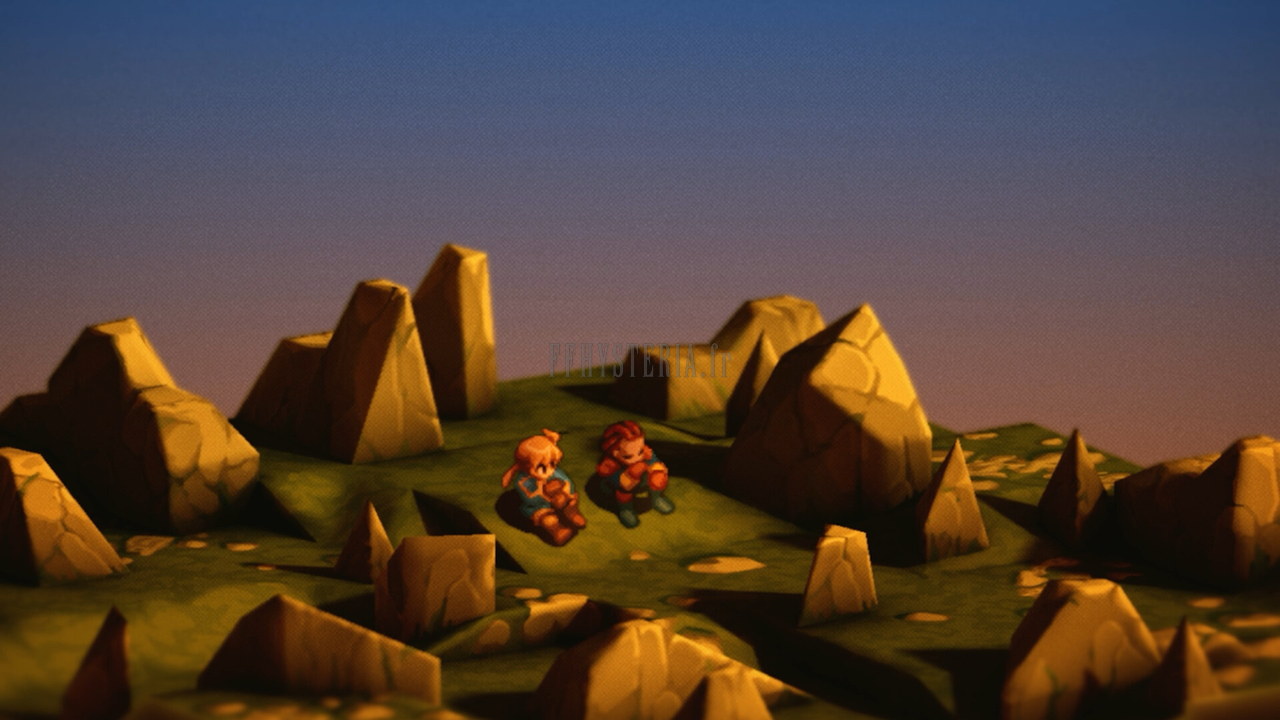 Au soleil couchant, deux silhouettes assises parmi les rochers d'une plaine (capture officielle de la version optimale)