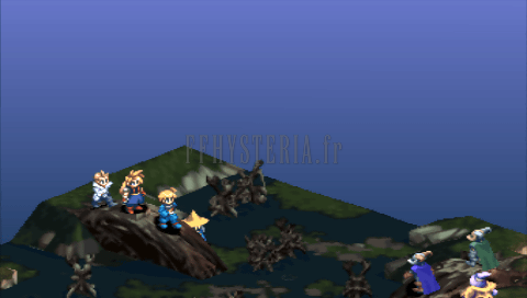 L'équipe de Ramza perchée sur un tronc couché au milieu du marais (capture des versions PlayStation)