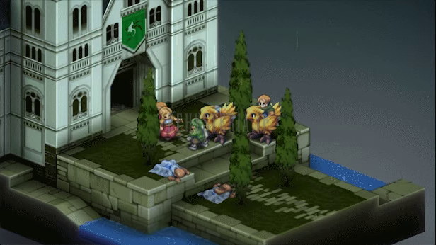 Les chocobos de la Brigade devant la demeure des Béoulve, des corps à terre (capture officielle de la version optimale)