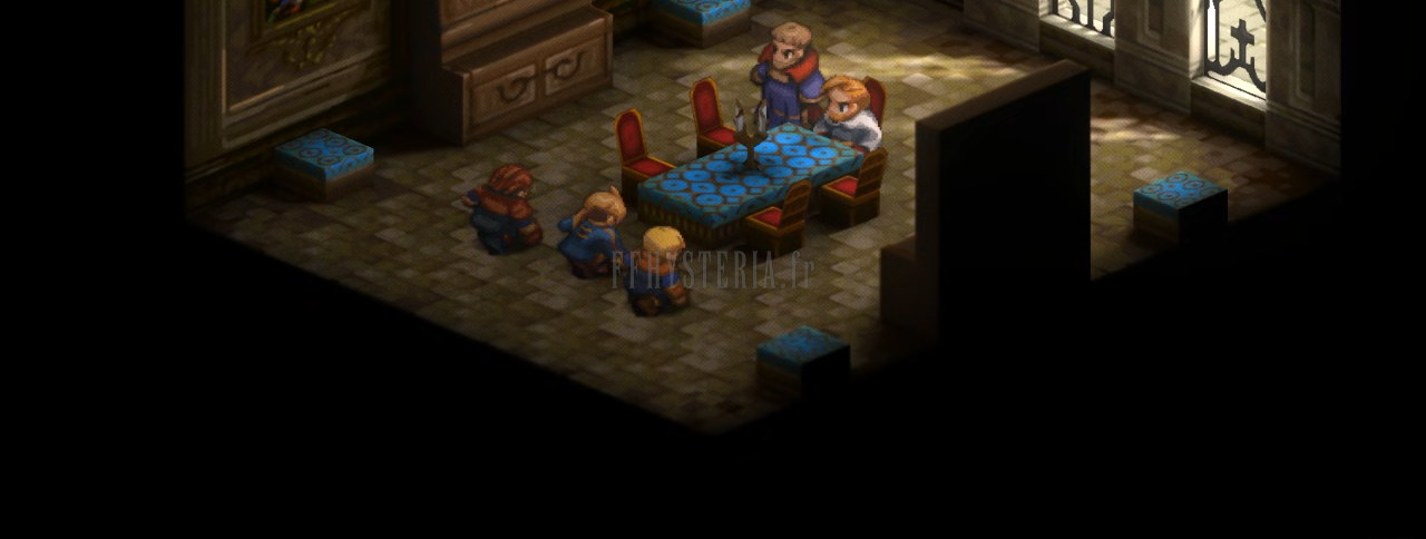 Au château d'Yguros, le duc Larg et Dycedarg reçoivent Ramza, Delita et Algus (version optimale)