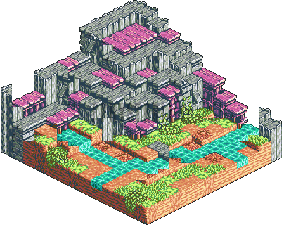Un terrain du Champ d'Aisen : ruines d'un temple de pierre grise et canaux d'eau