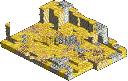 Un des terrains du Désert d'Eluut : sable jaune, rochers gris et pan de mur en ruine