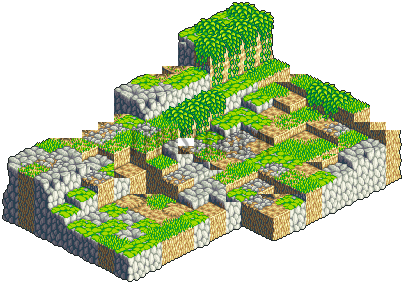 Plan de Koringwood : forêt en gradins, herbe verte et rochers gris