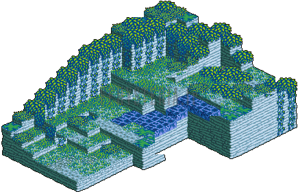 Un terrain de Nubswood dans une palette bleu-vert : falaise boisée, clairière et ruisseau