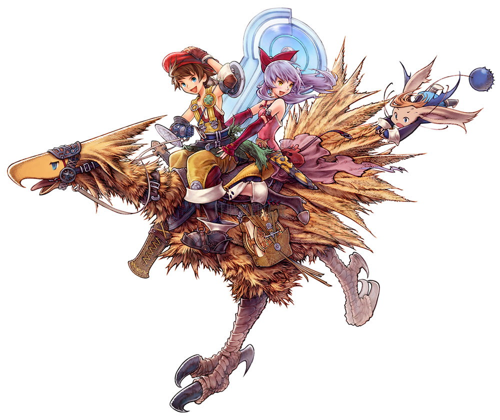 Lusso et Adelle à dos de chocobo, Luth voletant derrière eux, illustration officielle