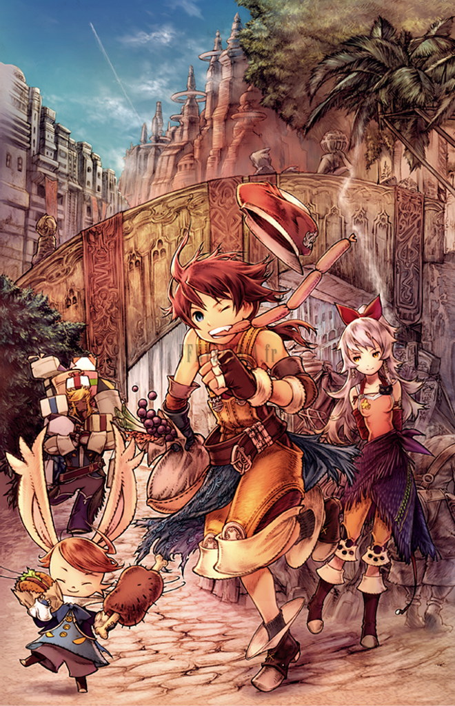 Lusso, Adelle et Luth dans une rue animée, un compagnon chargé de paquets derrière eux, illustration officielle en couleur