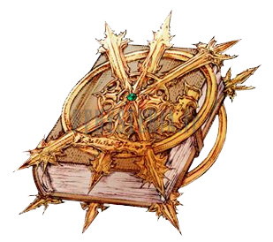 Le grimoire du titre, relié d’or et hérissé de pointes