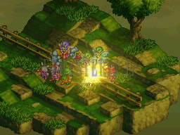 Coups de bec : un Chocobo pique une unité entre deux clôtures, sur des terrasses herbeuses (capture d'un autre combat)