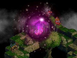 Gravité 2 : une sphère violette écrase des unités sur une butte boisée (capture d'un autre combat)