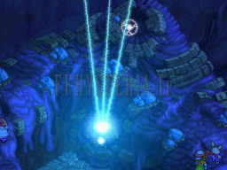 Restoration Ray : trois rayons de lumière bleue convergent vers un point de la masse de Neukhia